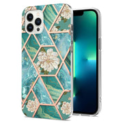 For iPhone 16 Pro Max Splicing Marble Flower IMD TPU Phone Case(Blue Flower)