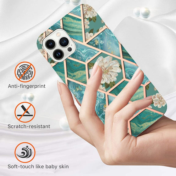 For iPhone 16 Pro Max Splicing Marble Flower IMD TPU Phone Case(Blue Flower)