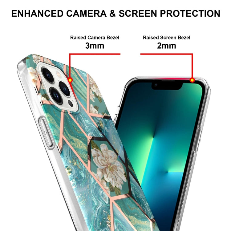 For iPhone 16 Pro Max Splicing Marble Flower IMD TPU Phone Case(Blue Flower)
