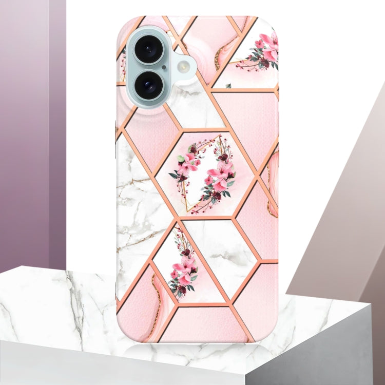For iPhone 16 Plus Splicing Marble Flower IMD TPU Phone Case(Pink Flower)