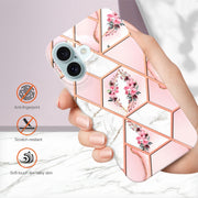 For iPhone 16 Plus Splicing Marble Flower IMD TPU Phone Case(Pink Flower)