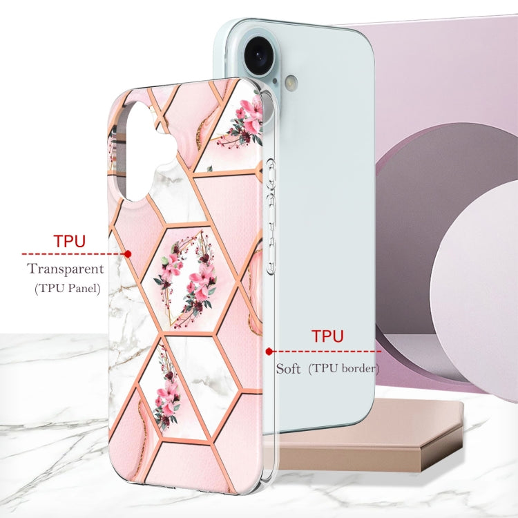 For iPhone 16 Plus Splicing Marble Flower IMD TPU Phone Case(Pink Flower)