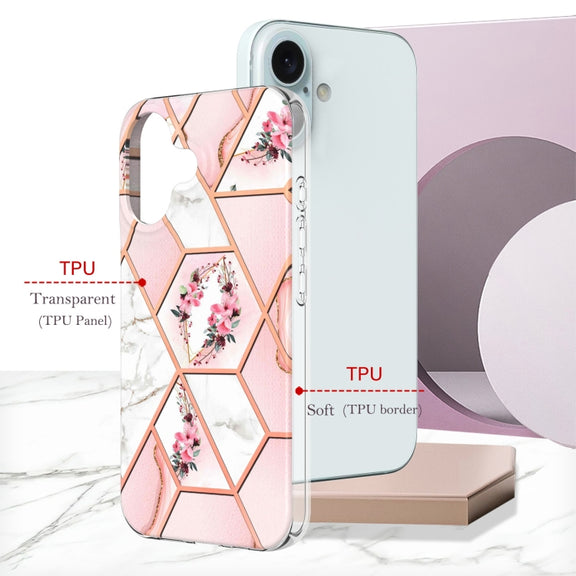 For iPhone 16 Splicing Marble Flower IMD TPU Phone Case(Pink Flower)