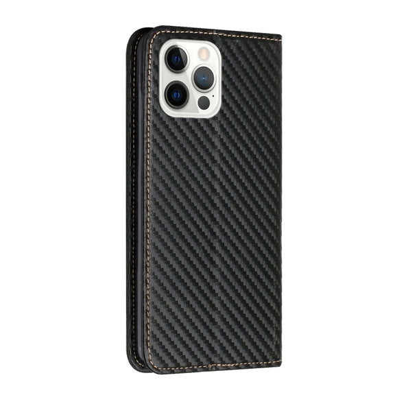 For iPhone 16 Pro Max Carbon Fiber Texture Magnetic Flip Leather Phone Case(Black)