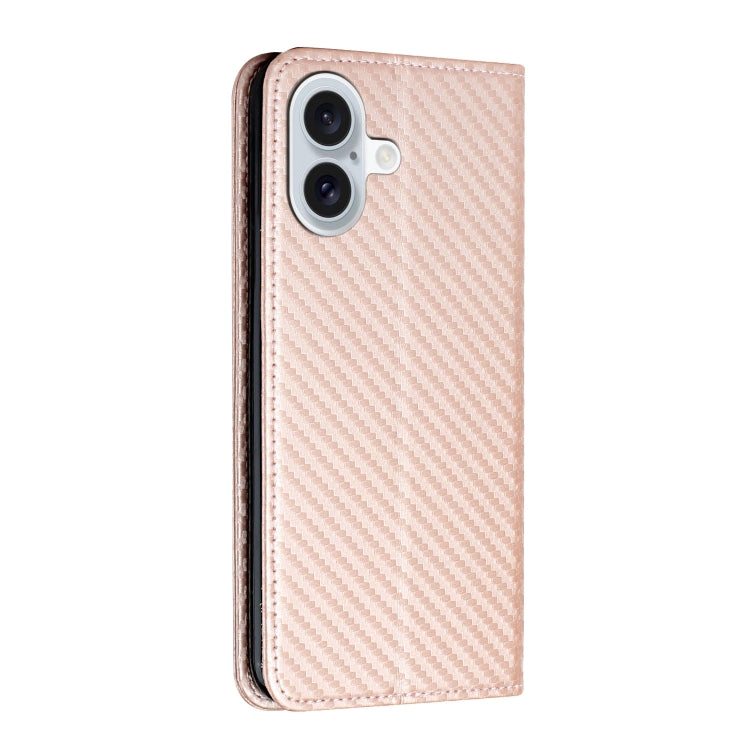For iPhone 16 Plus Carbon Fiber Texture Magnetic Flip Leather Phone Case(Rose Gold)
