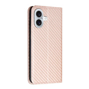For iPhone 16 Plus Carbon Fiber Texture Magnetic Flip Leather Phone Case(Rose Gold)
