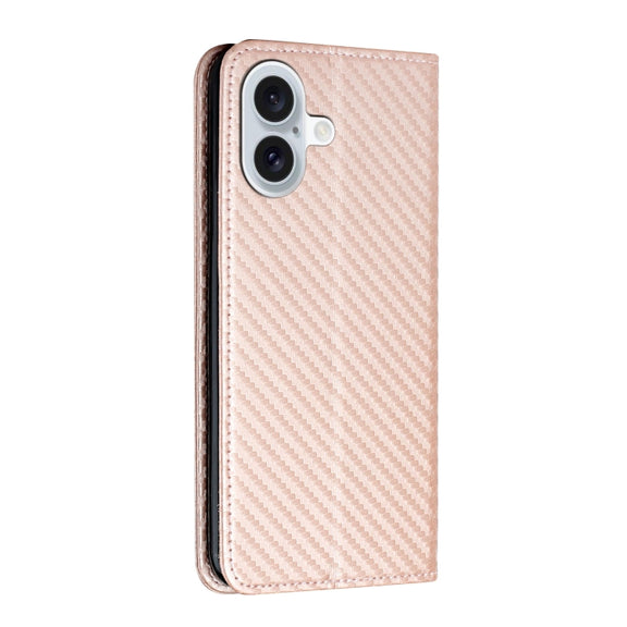 For iPhone 16 Plus Carbon Fiber Texture Magnetic Flip Leather Phone Case(Rose Gold)