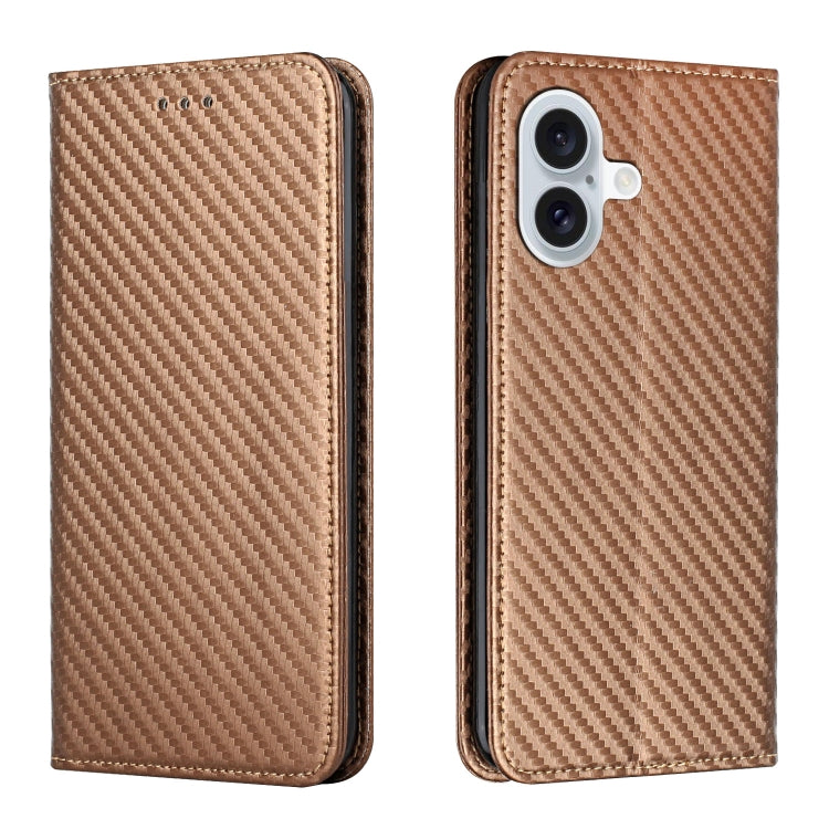 For iPhone 16 Carbon Fiber Texture Magnetic Flip Leather Phone Case(Brown)