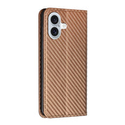 For iPhone 16 Carbon Fiber Texture Magnetic Flip Leather Phone Case(Brown)