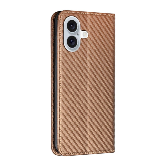 For iPhone 16 Carbon Fiber Texture Magnetic Flip Leather Phone Case(Brown)