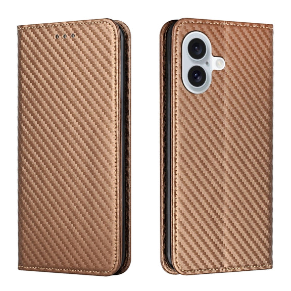 For iPhone 16 Carbon Fiber Texture Magnetic Flip Leather Phone Case(Brown)