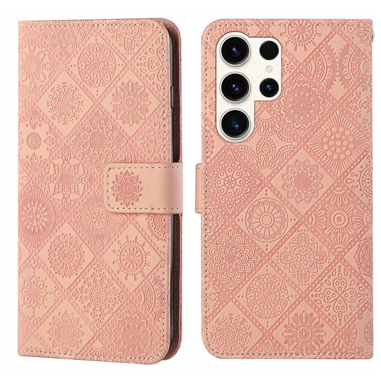 For Samsung Galaxy S25 Ultra 5G Ethnic Style Embossed Pattern Leather Phone Case(Pink)