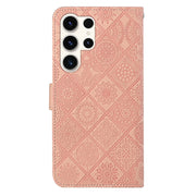 For Samsung Galaxy S25 Ultra 5G Ethnic Style Embossed Pattern Leather Phone Case(Pink)