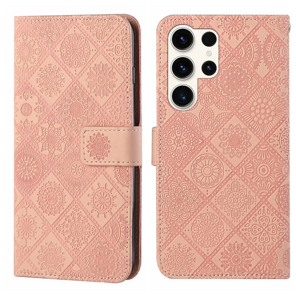 For Samsung Galaxy S25 Ultra 5G Ethnic Style Embossed Pattern Leather Phone Case(Pink)