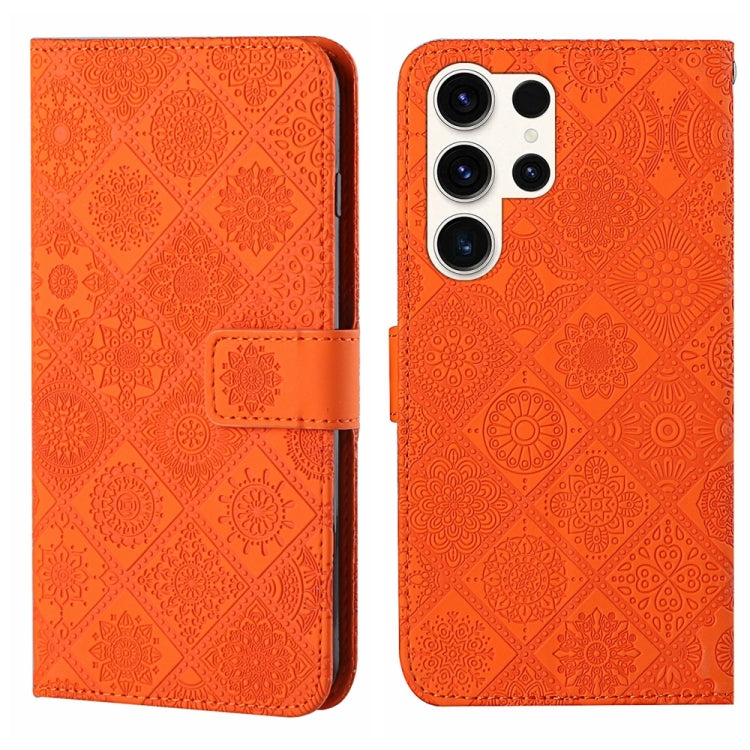 For Samsung Galaxy S25 Ultra 5G Ethnic Style Embossed Pattern Leather Phone Case(Orange)