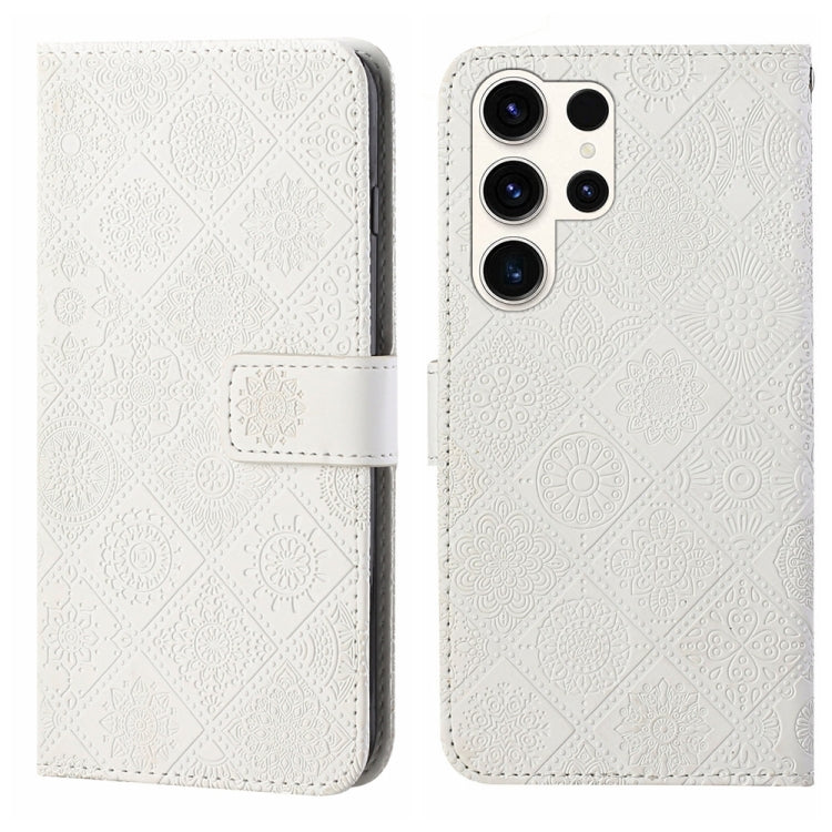For Samsung Galaxy S25 Ultra 5G Ethnic Style Embossed Pattern Leather Phone Case(White)