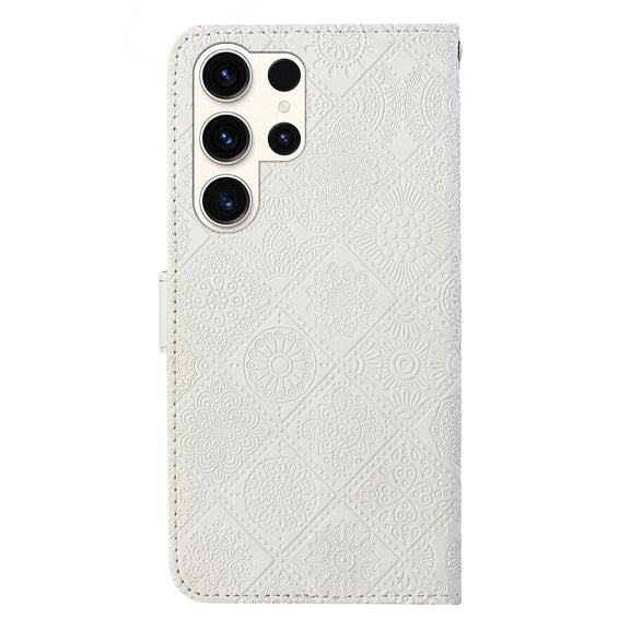 For Samsung Galaxy S25 Ultra 5G Ethnic Style Embossed Pattern Leather Phone Case(White)