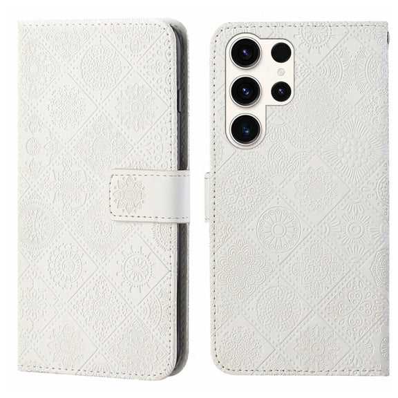 For Samsung Galaxy S25 Ultra 5G Ethnic Style Embossed Pattern Leather Phone Case(White)