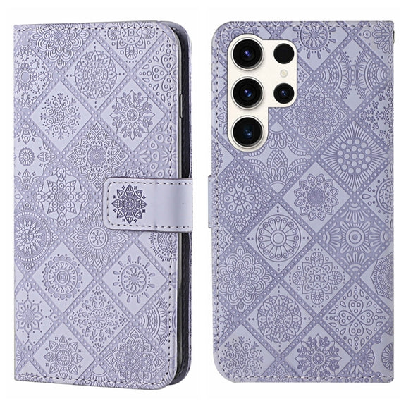 For Samsung Galaxy S25 Ultra 5G Ethnic Style Embossed Pattern Leather Phone Case(Purple)