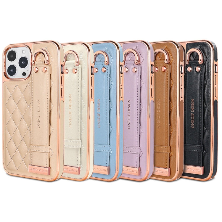 For iPhone 15 Pro Max VIETAO Rhombic Texture Wristband PU Phone Case(White)