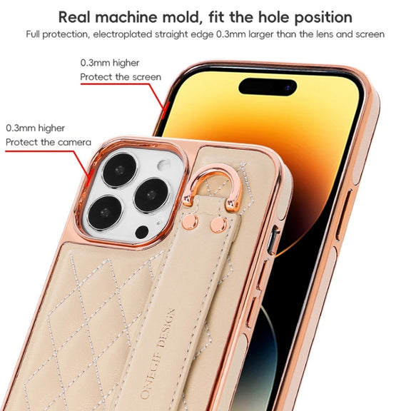 For iPhone 15 Pro Max VIETAO Rhombic Texture Wristband PU Phone Case(White)
