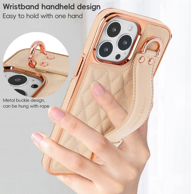 For iPhone 15 Pro Max VIETAO Rhombic Texture Wristband PU Phone Case(White)