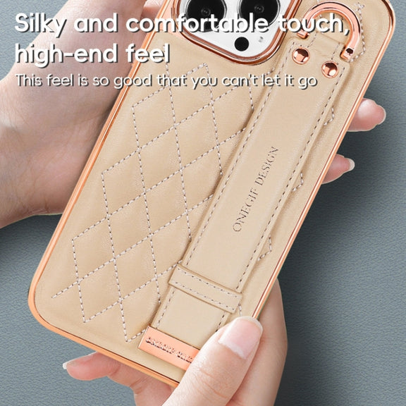 For iPhone 15 Pro Max VIETAO Rhombic Texture Wristband PU Phone Case(White)