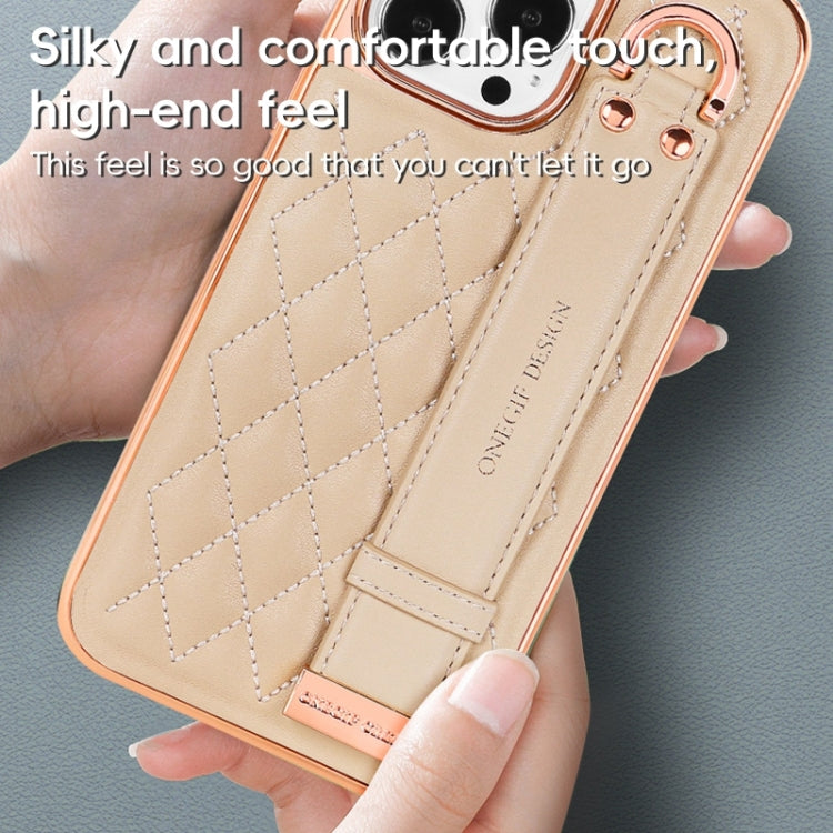 For iPhone 15 Pro Max VIETAO Rhombic Texture Wristband PU Phone Case(White)