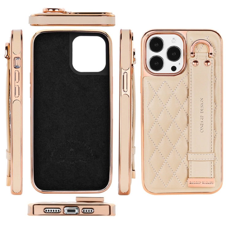 For iPhone 15 Pro Max VIETAO Rhombic Texture Wristband PU Phone Case(White)