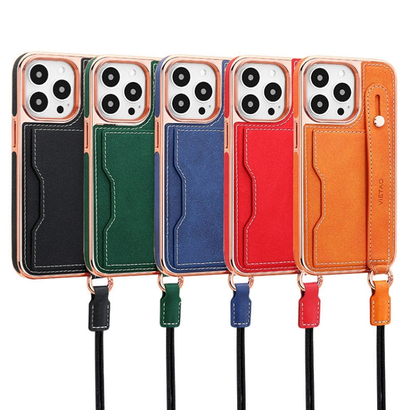 For iPhone 15 Pro Max VIETAO Card Slot Wristband Phone Case with Lanyard(Orange)