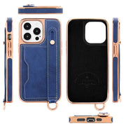 For iPhone 15 Pro Max VIETAO Card Slot Wristband Phone Case with Lanyard(Orange)