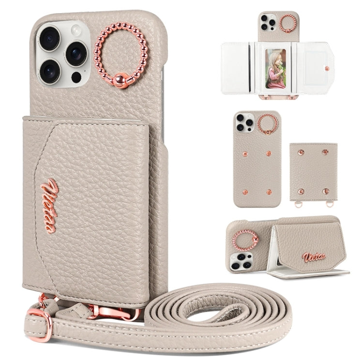 For iPhone 15 Pro Max VIETAO Ring Holder Card Bag Phone Case with Lanyard(Grey)
