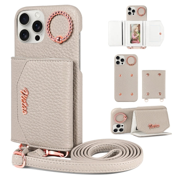 For iPhone 15 Pro Max VIETAO Ring Holder Card Bag Phone Case with Lanyard(Grey)