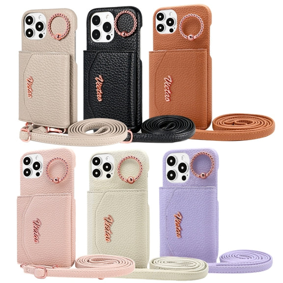 For iPhone 15 Pro Max VIETAO Ring Holder Card Bag Phone Case with Lanyard(Grey)