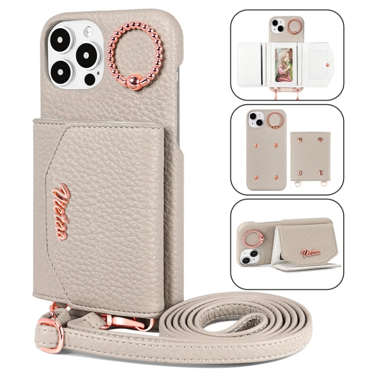 For iPhone 15 Pro Max VIETAO Ring Holder Card Bag Phone Case with Lanyard(Grey)