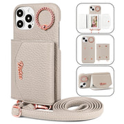 For iPhone 15 Pro Max VIETAO Ring Holder Card Bag Phone Case with Lanyard(Grey)