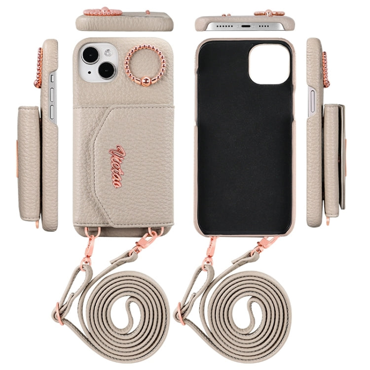 For iPhone 15 Pro Max VIETAO Ring Holder Card Bag Phone Case with Lanyard(Grey)