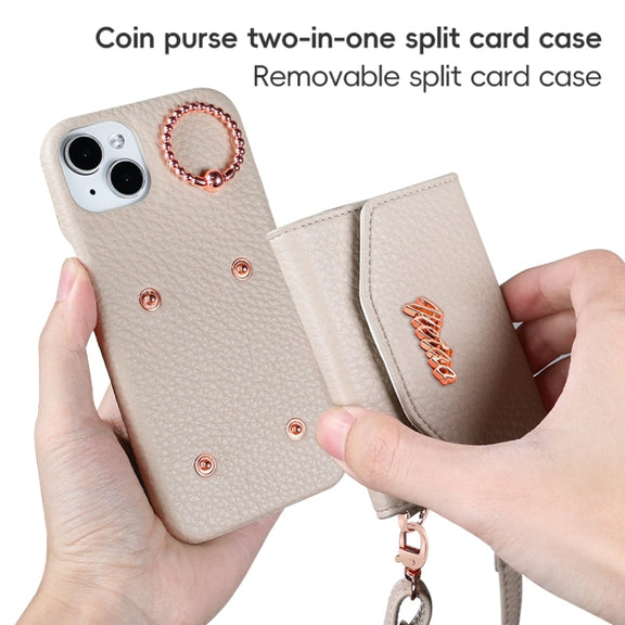 For iPhone 15 Pro Max VIETAO Ring Holder Card Bag Phone Case with Lanyard(Grey)