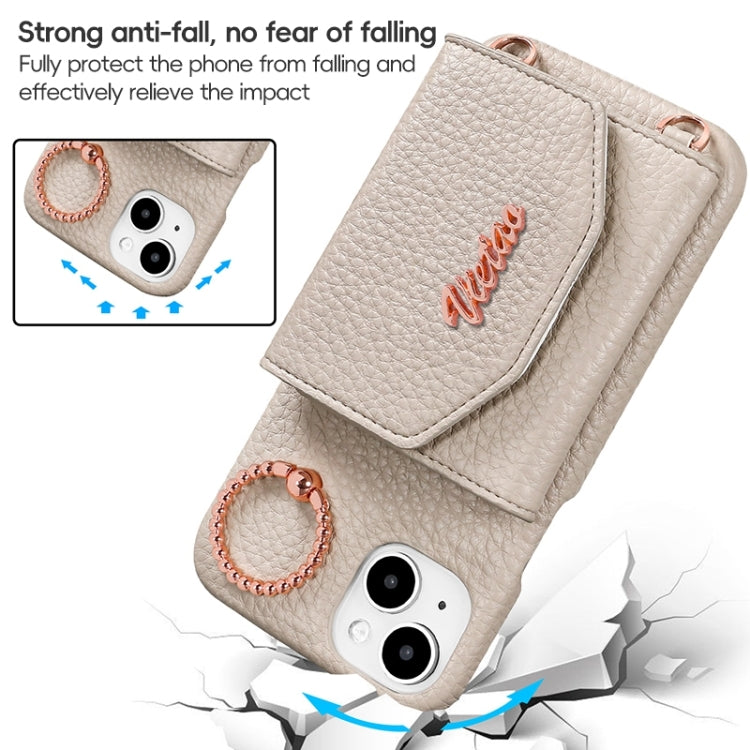 For iPhone 15 Pro Max VIETAO Ring Holder Card Bag Phone Case with Lanyard(Grey)