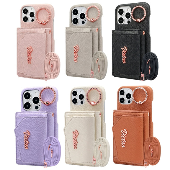 For iPhone 15 Pro Max VIETAO Ring Holder Wallet PU Phone Case with Lanyard(Pink)