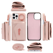 For iPhone 15 Pro Max VIETAO Ring Holder Wallet PU Phone Case with Lanyard(Pink)