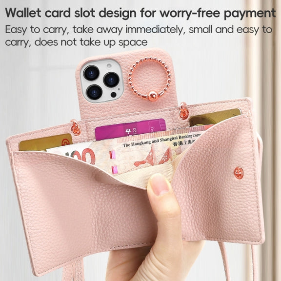 For iPhone 15 Pro Max VIETAO Ring Holder Wallet PU Phone Case with Lanyard(Pink)