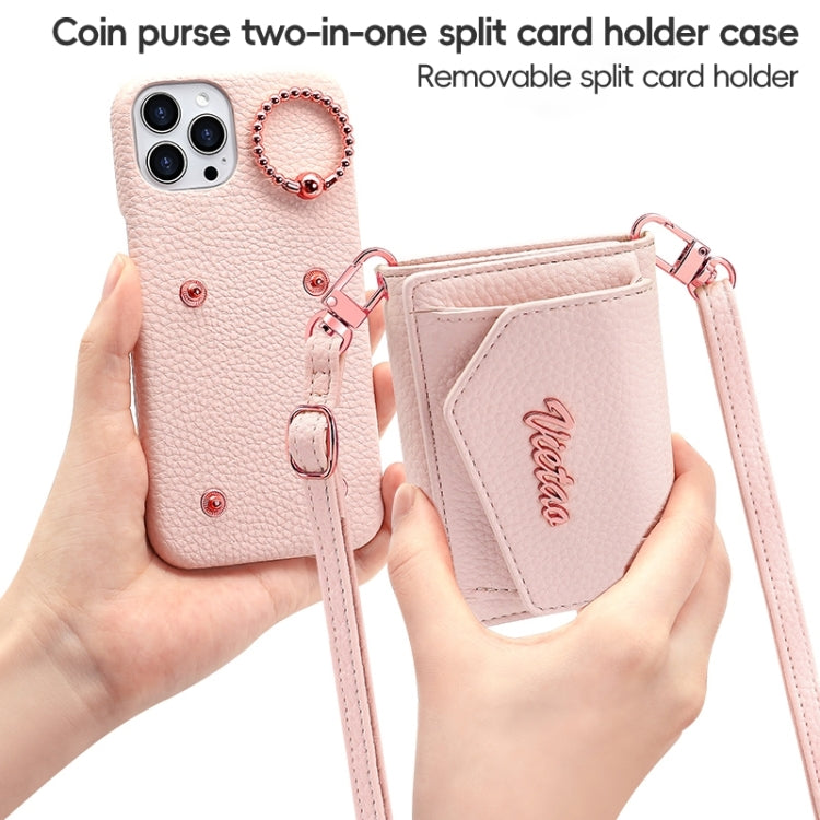 For iPhone 15 Pro Max VIETAO Ring Holder Wallet PU Phone Case with Lanyard(Pink)