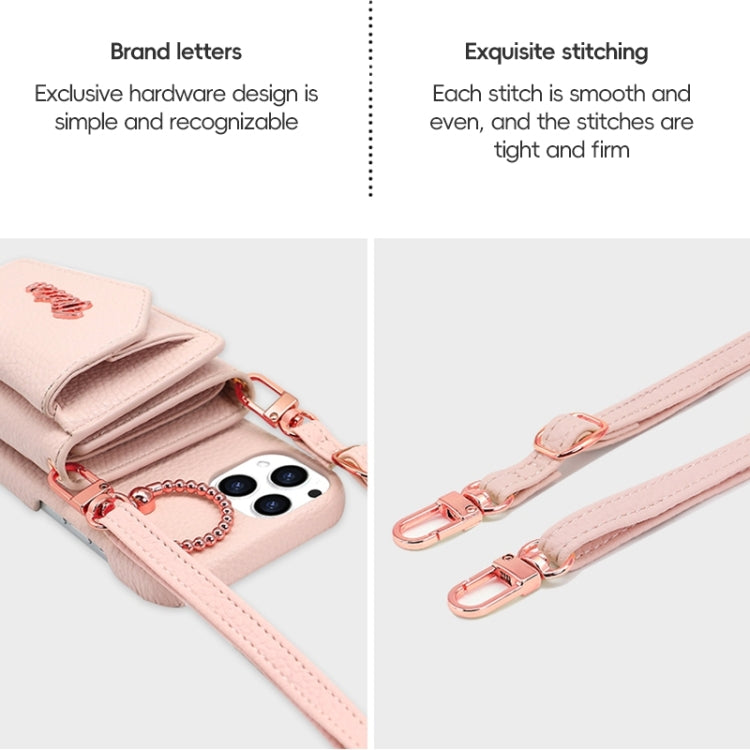 For iPhone 15 Pro Max VIETAO Ring Holder Wallet PU Phone Case with Lanyard(Pink)