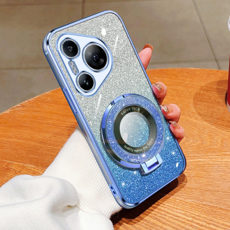 For Huawei Pura 70 Plated Gradient Glitter Round Holder TPU Phone Case(Sierra Blue)