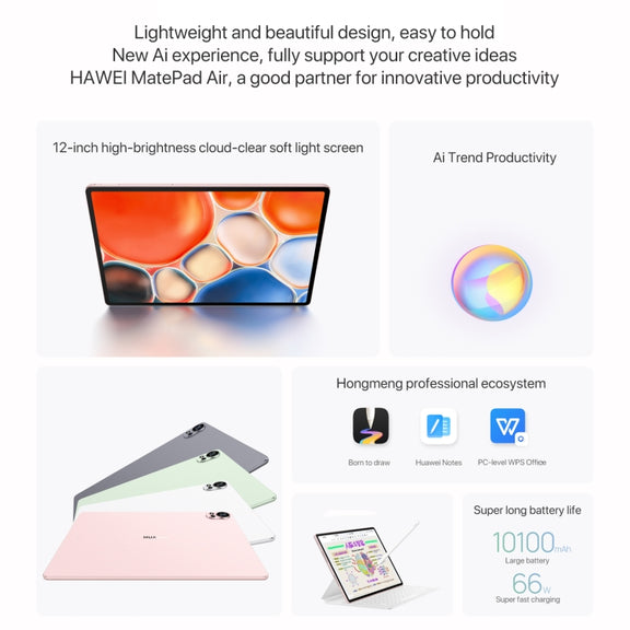 HUAWEI MatePad Air 12 inch WiFi Tablet PC, 8GB+256GB, HarmonyOS 4.2 Hisilicon Kirin 9000W, Not Support Google Play(White)