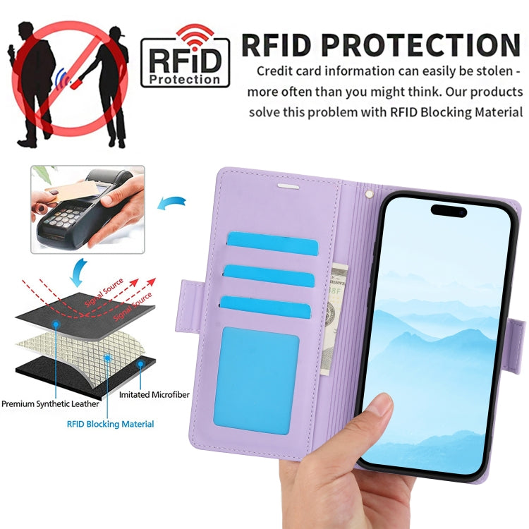 For iPhone 16 Plus Side Buckle RFID Anti-theft Leather Phone Case(Light Purple)