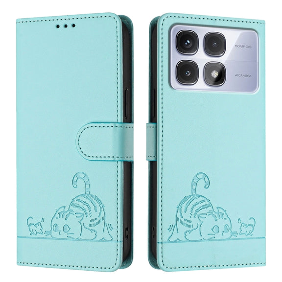 For Redmi K70 Ultra 5G Global Cat Rat Embossed Pattern RFID Leather Phone Case with Lanyard(Mint Green)