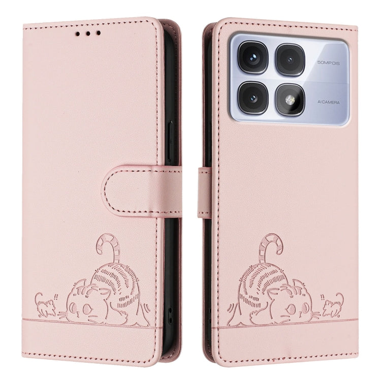 For Redmi K70 Ultra 5G Global Cat Rat Embossed Pattern RFID Leather Phone Case with Lanyard(Pink)