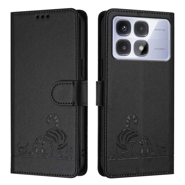 For Redmi K70 Ultra 5G Global Cat Rat Embossed Pattern RFID Leather Phone Case with Lanyard(Black)